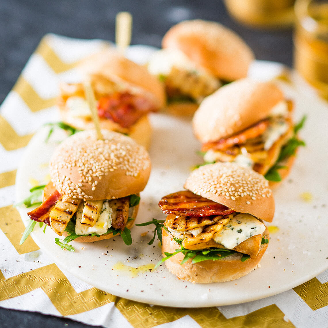 Grilled pear, blue cheese and bacon sliders